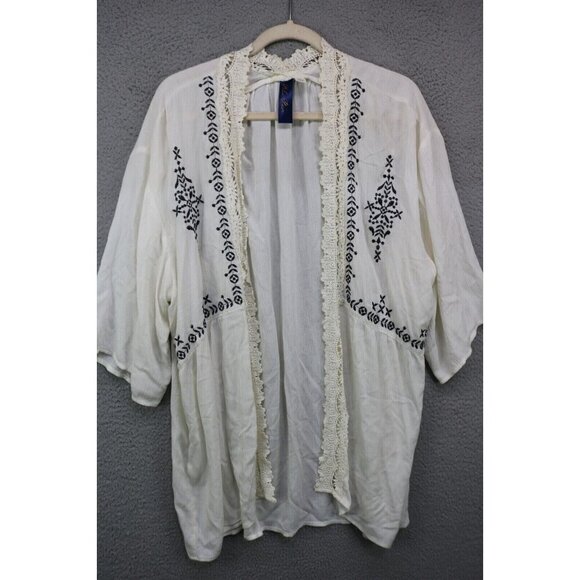 Blue Rain Embroidered Crochet Short Wide Sleeves Open Front Topper-Large-Boho - Picture 1 of 12
